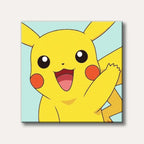 A close-up of a cheerful yellow Pikachu with red cheeks, black eyes, and an open mouth smiling, depicted in a classic anime cartoon style.