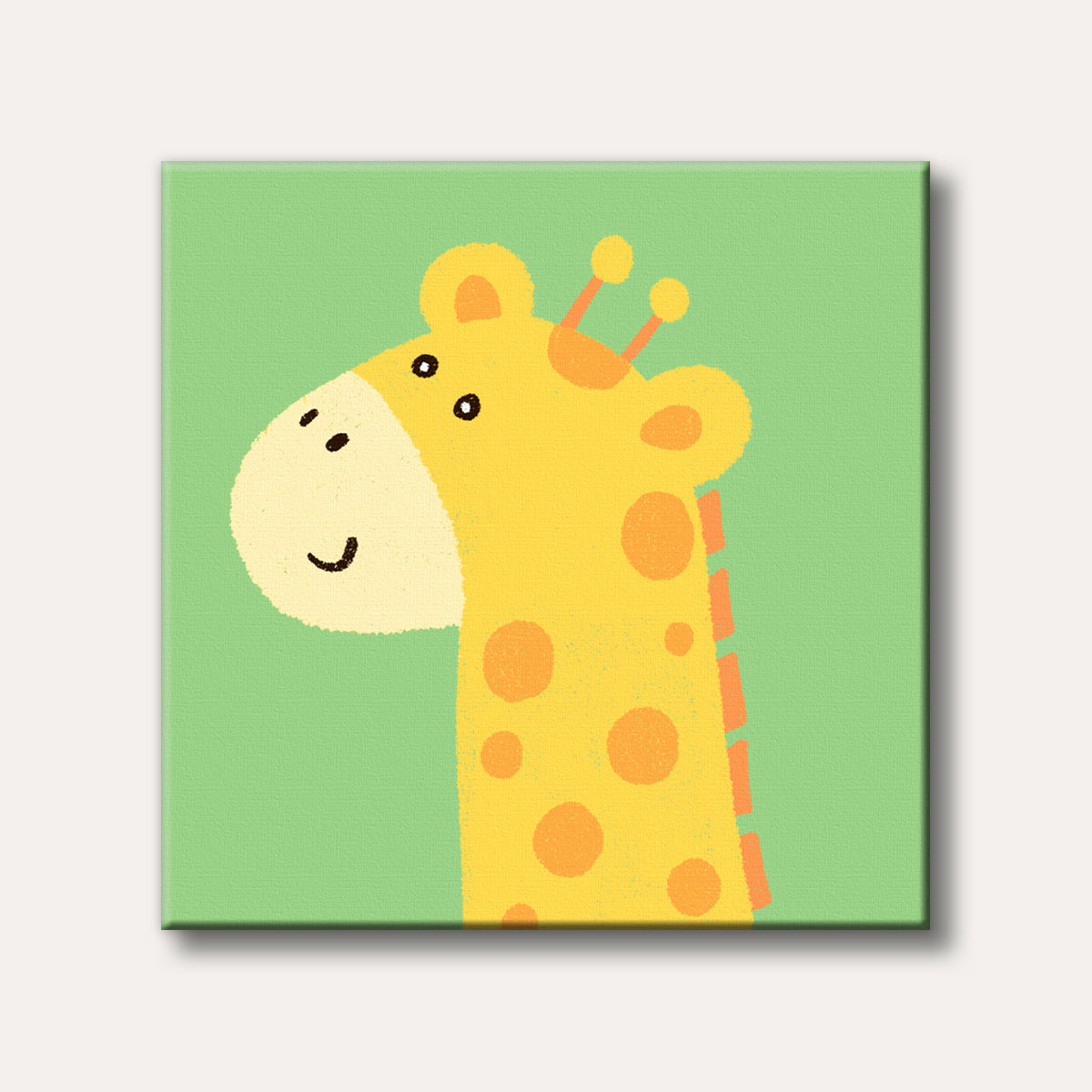 A simple, cheerful illustration of a yellow and orange giraffe head and neck on a light green background, rendered in a cute, grainy style.