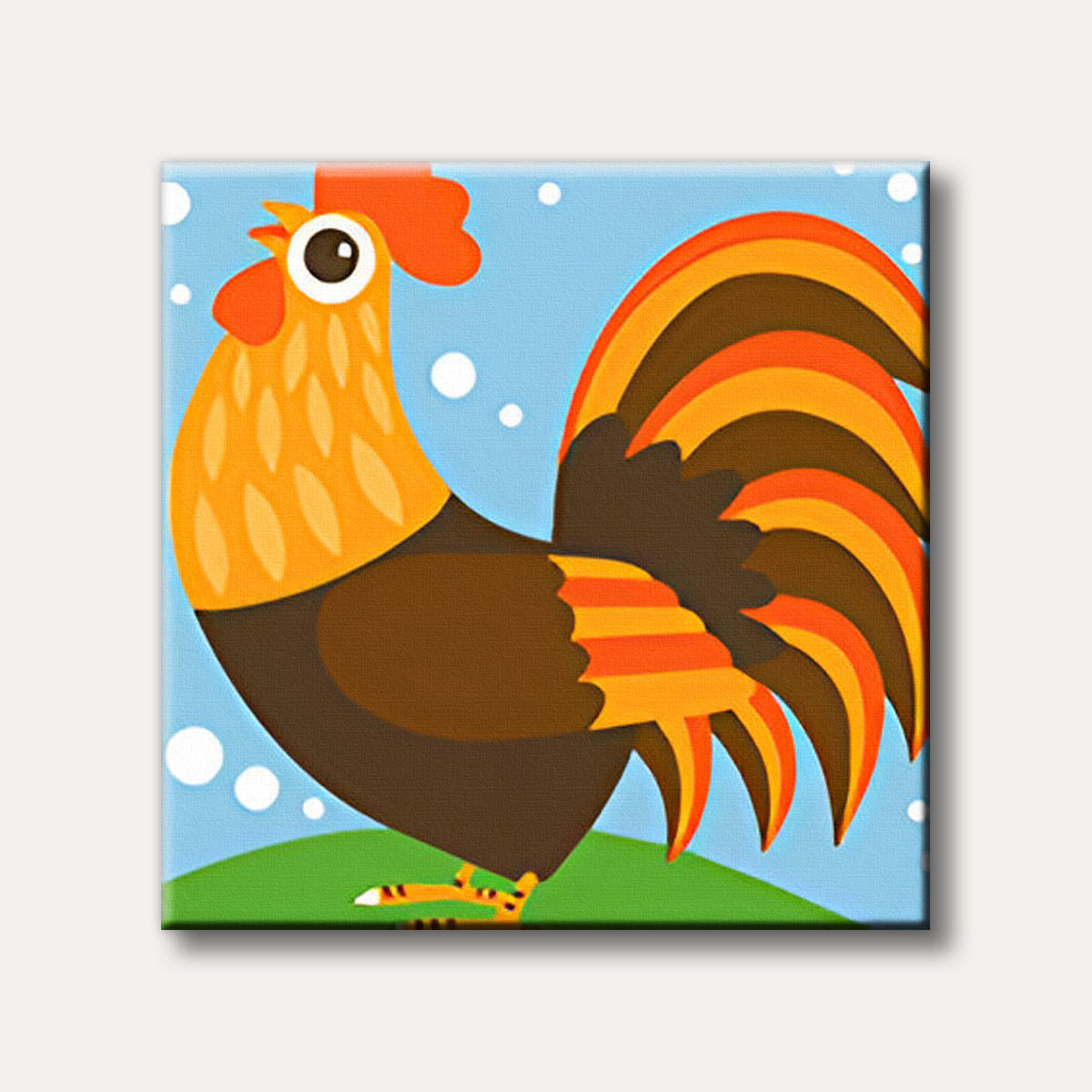 A stylized rooster with orange, yellow, and brown feathers stands on green ground under a light blue sky, depicted in a flat, block-art style.