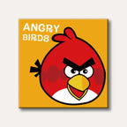 A vibrant, cartoon-style illustration of the red Angry Birds character, Red, with a bold expression on a bright orange background.
