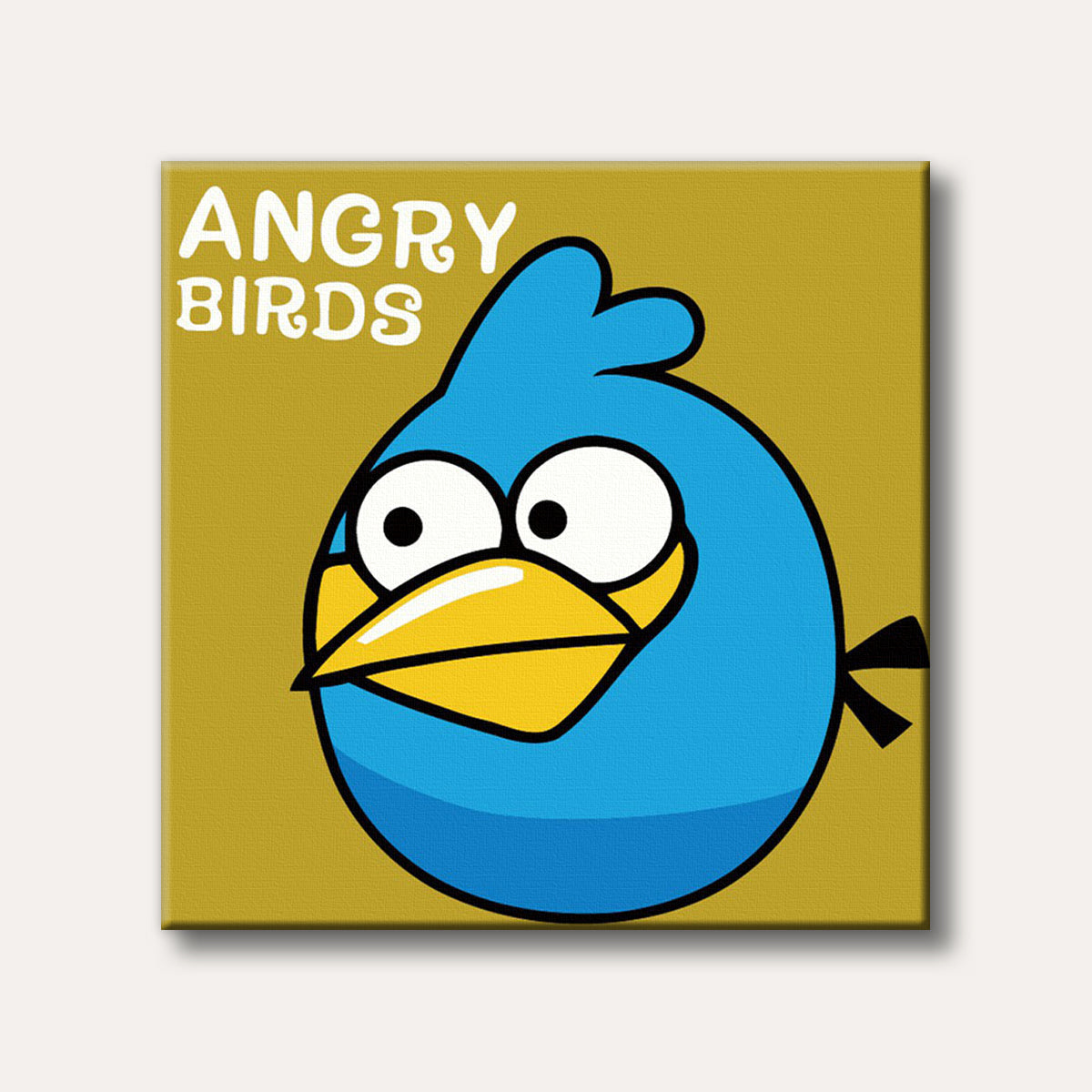 A bold, cartoon-style depiction of the blue Angry Birds character, Jay, with its distinctive large eyes and yellow beak, set against a simple yellow background.