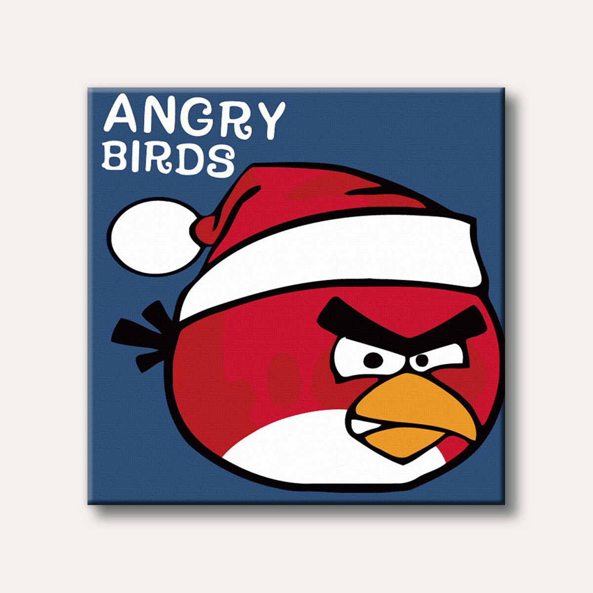 A cartoon red Angry Bird character wearing a Santa hat on a dark blue background, depicted in a bold, graphic style.