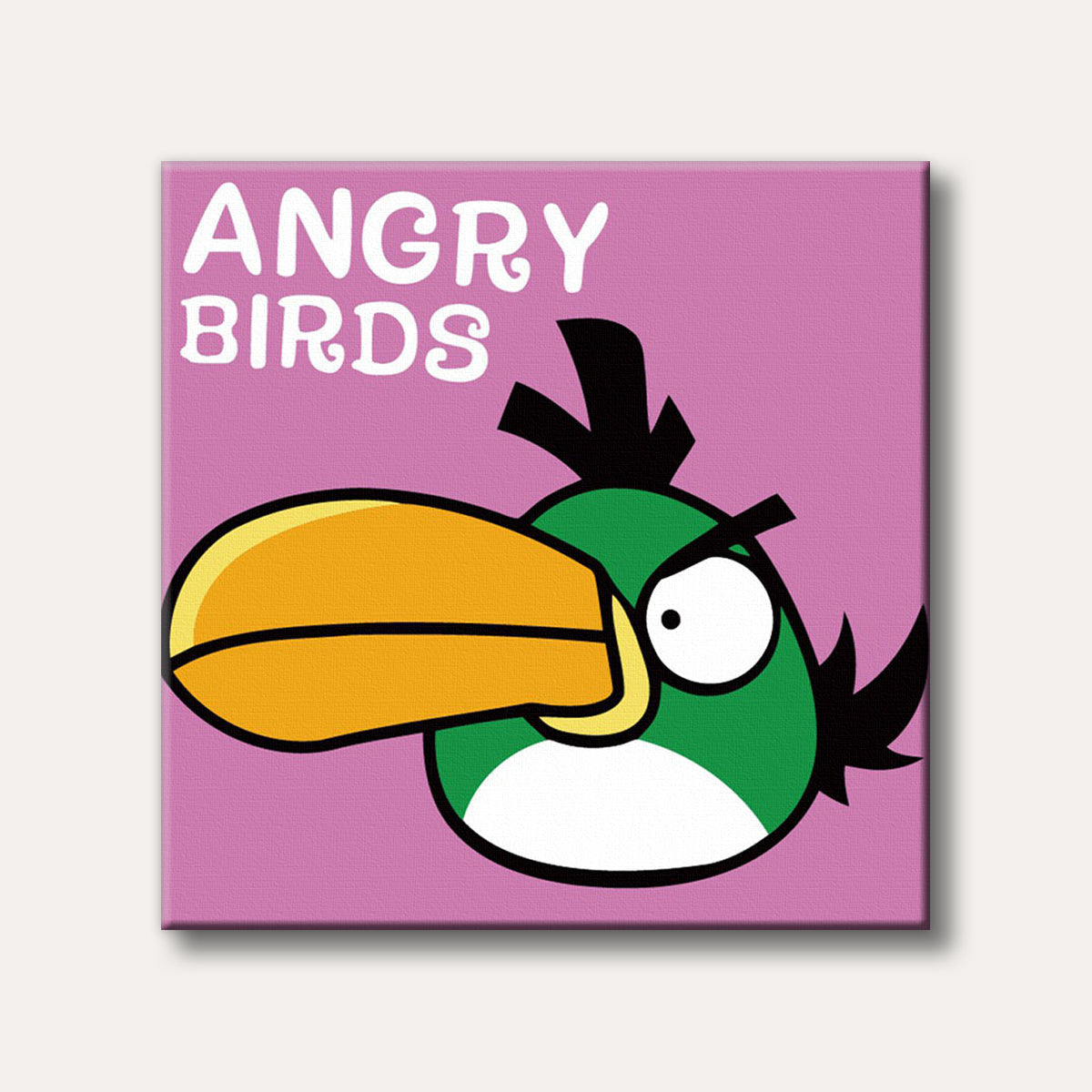 A graphic illustration of Hal, the green toucan-like Angry Bird with a large yellow beak and black crest, set against a bright pink background.