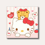 A cute illustration of Hello Kitty with a brown teddy bear on her head, surrounded by hearts, an apple, and an envelope, set against a pink striped background in a cheerful, cartoon style.