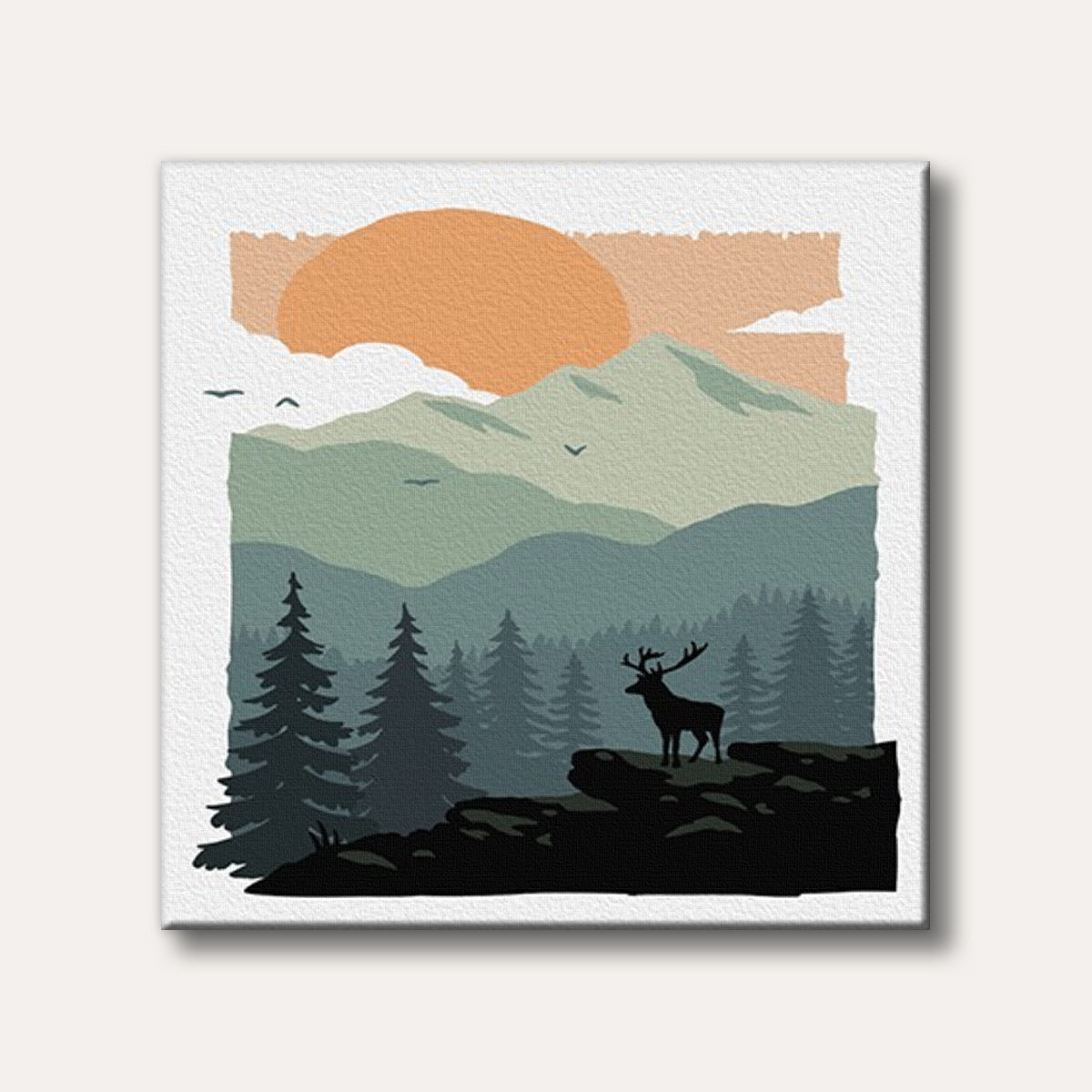 A minimalist graphic illustration of a majestic elk silhouette on a rock, set against layered mountains, a dense pine forest, and a large orange sun, evoking a serene natural vista.