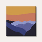 An abstract landscape painting featuring layered mountains in shades of blue and purple under an orange and yellow sky, depicted with a textured, minimalist style.