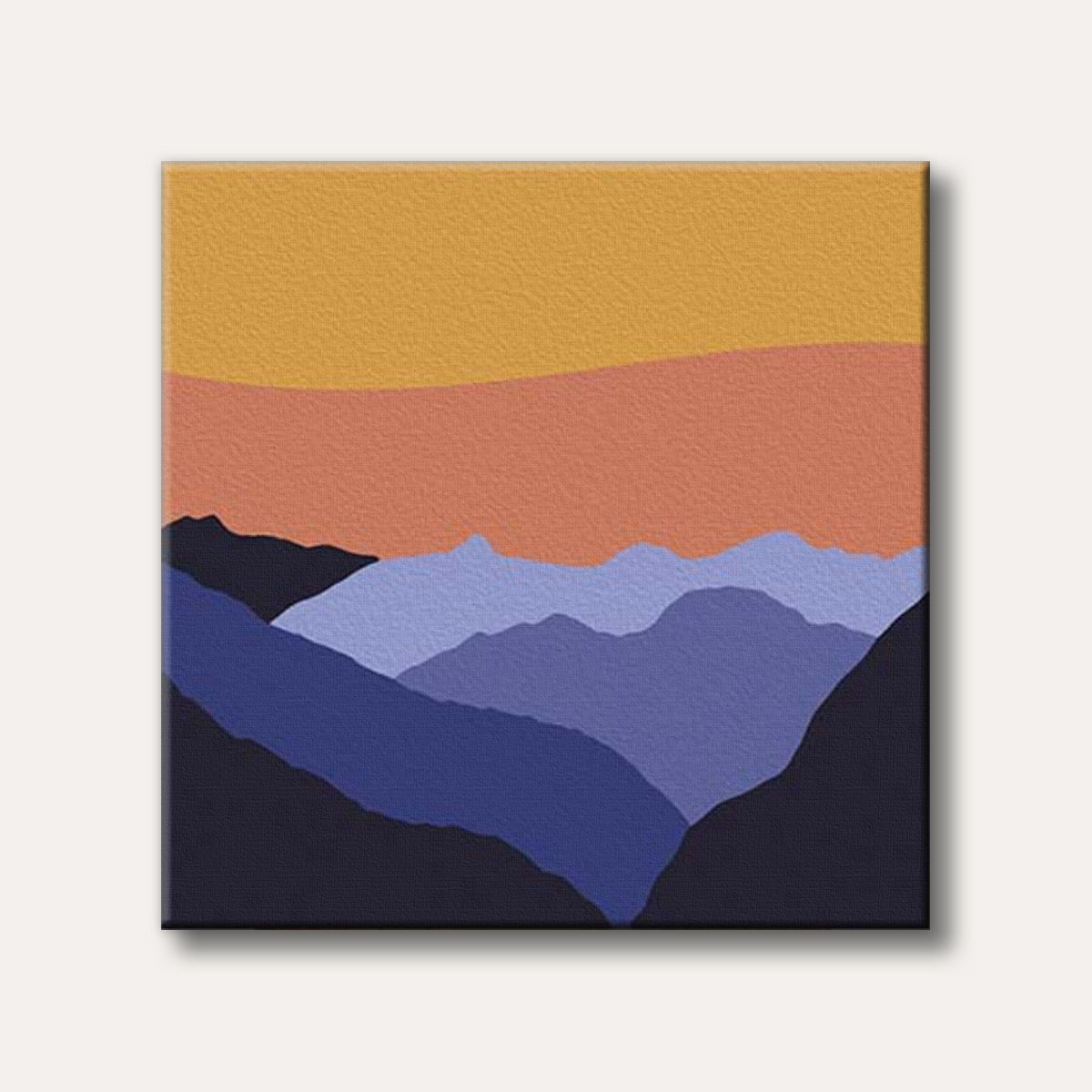 An abstract landscape painting featuring layered mountains in shades of blue and purple under an orange and yellow sky, depicted with a textured, minimalist style.