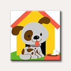 A cartoon-style image of a cute grey and brown spotted puppy sitting in front of a yellow dog house, with a red food bowl nearby.