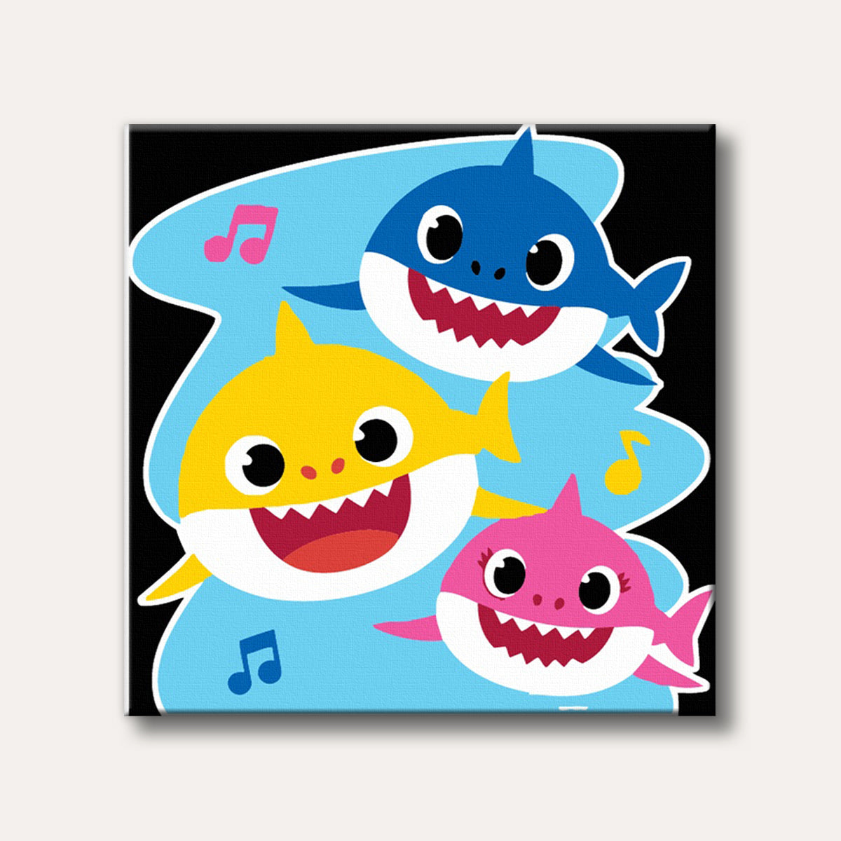 Three cheerfully smiling cartoon sharks in blue, yellow, and pink, surrounded by musical notes on a light blue background in a vibrant, simple style.