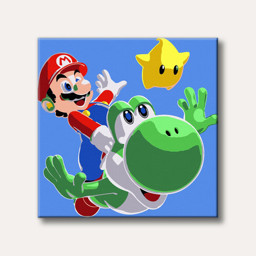 A vibrant illustration of Mario riding Yoshi through a bright blue sky, with a yellow star floating above them, rendered in a clean, cartoonish style.