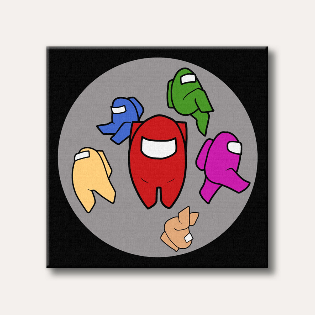 A vibrant illustration featuring multiple colourful Among Us crewmate characters surrounding a larger red crewmate on a grey circular background, depicted in a simple, playful style.