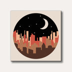 A minimalist illustration of a city skyline at night, with a crescent moon and stars in a circular frame, featuring warm brown and red tones.