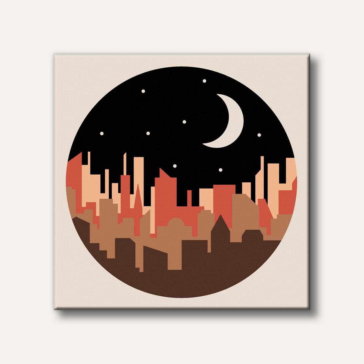 A minimalist illustration of a city skyline at night, with a crescent moon and stars in a circular frame, featuring warm brown and red tones.