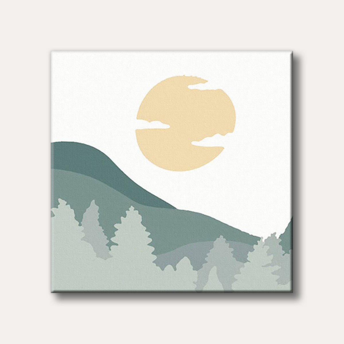 A minimalist illustration featuring serene green and grey mountains, a foreground of pine trees, and a large pale yellow sun or moon against a white sky.