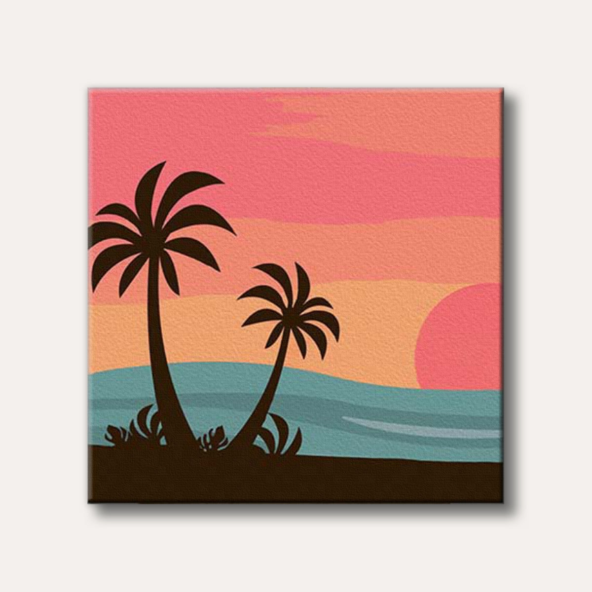 A graphic illustration of two black palm tree silhouettes against a vibrant striped sunset sky with shades of pink, orange, and yellow over a teal ocean, depicting a serene tropical scene.