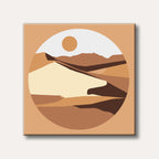An abstract minimalist depiction of a desert landscape with dunes and a low sun, rendered in warm earthy tones within a circular frame.