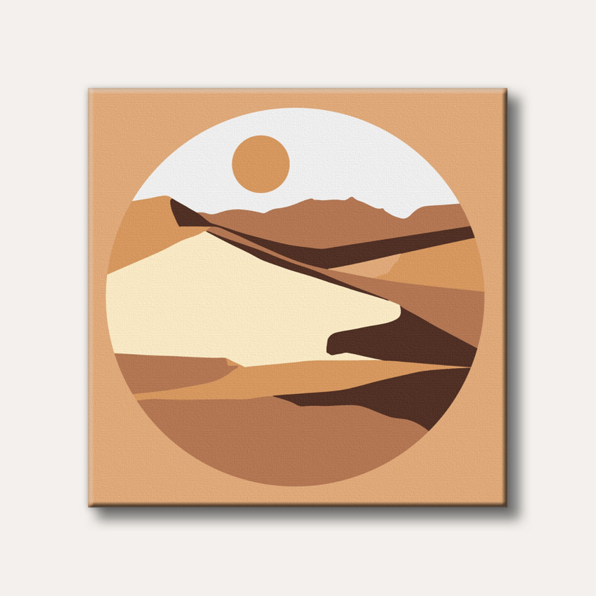 An abstract minimalist depiction of a desert landscape with dunes and a low sun, rendered in warm earthy tones within a circular frame.