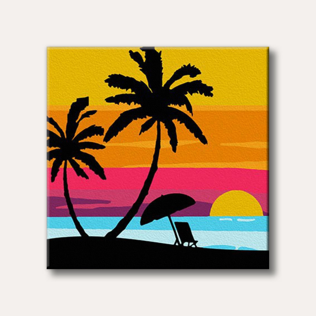 A vibrant pop art-style painting of a tropical beach sunset with silhouetted palm trees, a beach umbrella, and a lounge chair, featuring bold yellow, orange, pink, and blue hues.