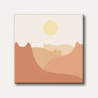 A minimalist, abstract illustration showing layered, terracotta and beige coloured shapes resembling cat silhouettes forming rolling hills under a pale yellow sun, set against an off-white background.