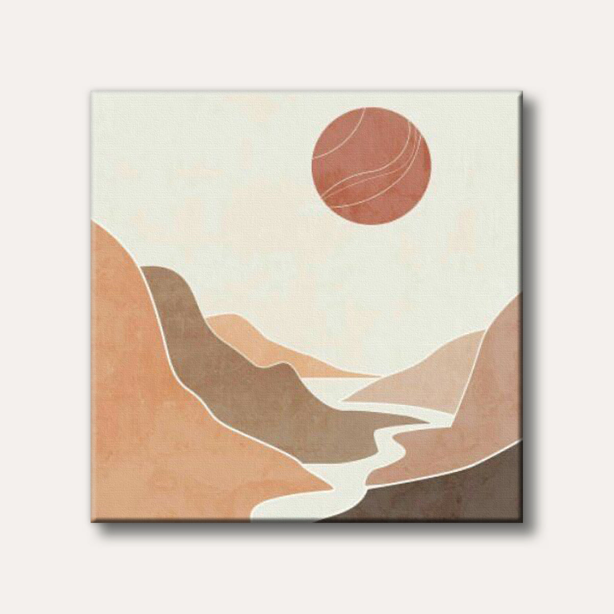 A minimalist abstract landscape painting depicting a winding river through earthy-toned mountains under a stylized red sun, evoking a serene desert scene.