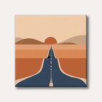 A minimalist artwork depicting a long blue road stretching towards an orange sunset over layered desert hills, featuring a small car in the distance, rendered in a modern, geometric style.
