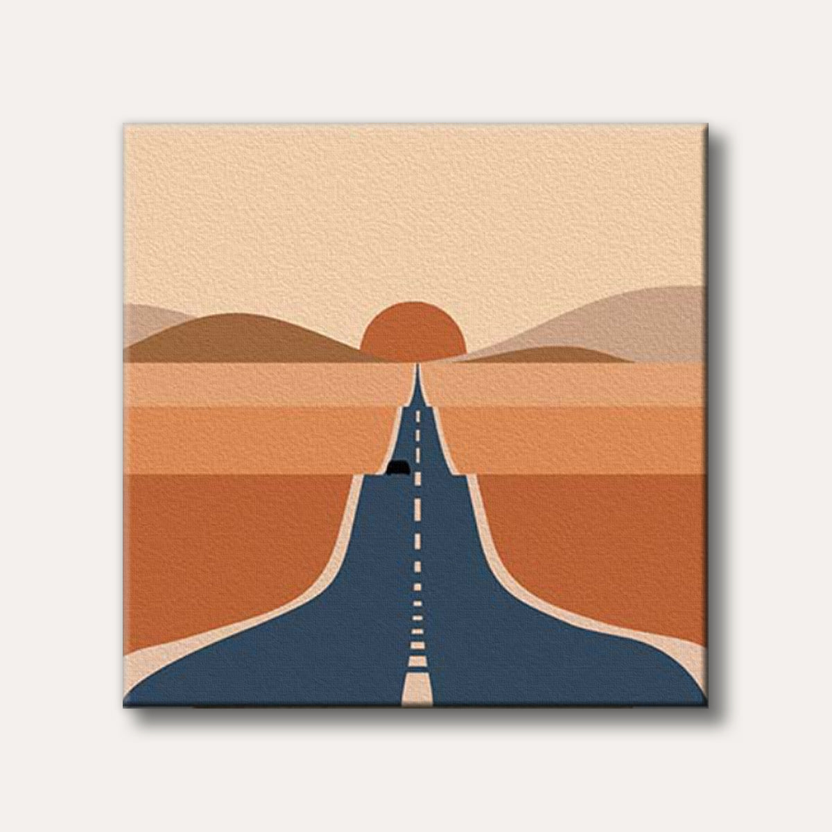 A minimalist artwork depicting a long blue road stretching towards an orange sunset over layered desert hills, featuring a small car in the distance, rendered in a modern, geometric style.