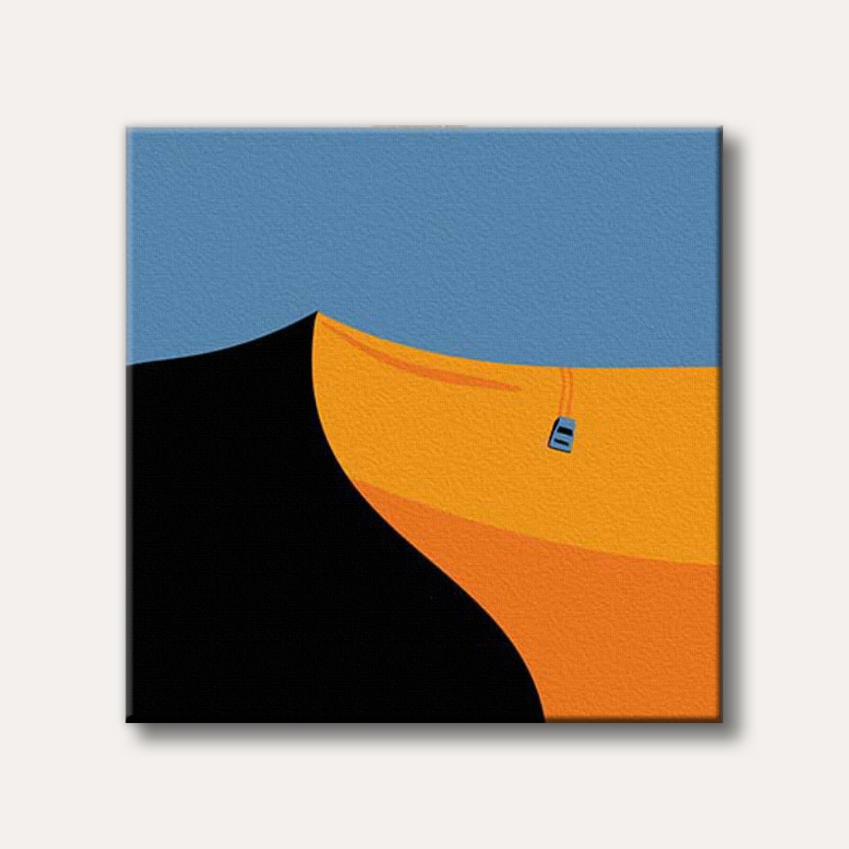 A minimalist illustration of a small blue vehicle driving over a large orange desert dune under a bright blue sky, with deep shadows in the foreground.