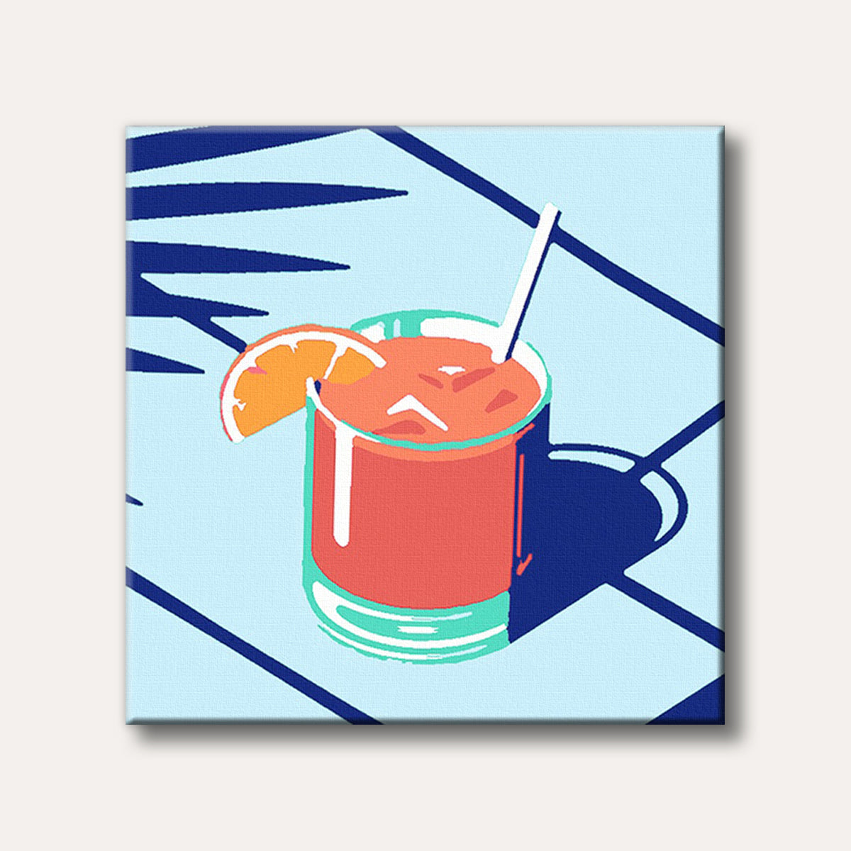 A vibrant illustration of an orange-hued cocktail with a citrus slice and straw, depicted in a bold, graphic style with strong blue and coral tones, conveying a refreshing summer mood.