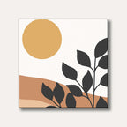 An abstract minimalist artwork depicting a large golden sun over earthy brown hills with dark silhouetted leafy branches on a cream background, evoking a calm, bohemian mood.