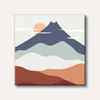An abstract minimalist painting of a large blue mountain with a setting orange sun, flanked by soft white clouds and rolling hills in shades of rust and grey, creating a serene modern landscape.