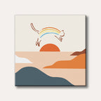A minimalist illustration of a leaping cat with a rainbow on its back, set against a stylized pastel landscape with an orange sunset.