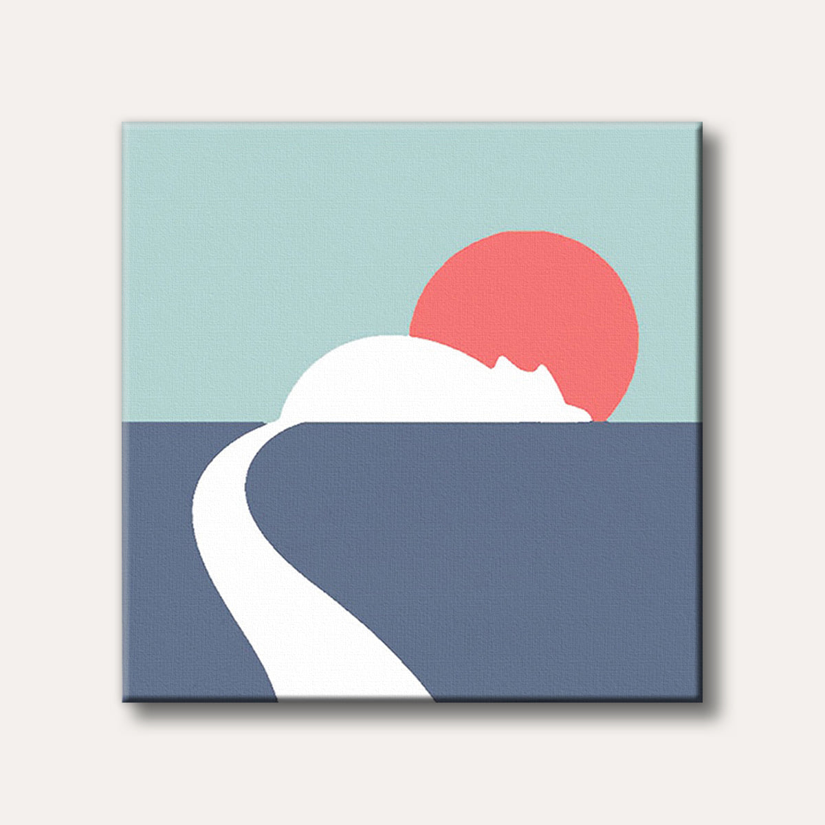 A minimalist illustration featuring a white cat silhouette sleeping peacefully with a large red sun rising or setting behind it, against a split background of light blue sky and dark blue ground.