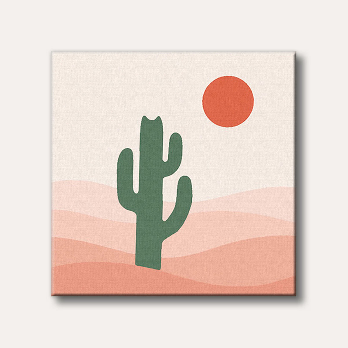 A minimalist abstract painting featuring a tall green cactus against rolling reddish-orange desert dunes under a bright red sun, rendered in a modern, serene style.