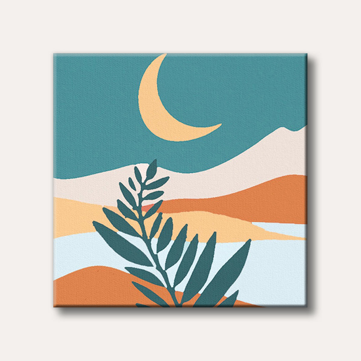 An abstract art piece featuring a yellow crescent moon above stylized teal and orange desert mountains, with a dark green plant in the foreground, painted in a minimalist style.