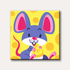 A cheerful, cartoon blue mouse with large pink ears and feet holds a yellow piece of cheese, set against a bright yellow background with orange polka dots.