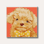 A fluffy light brown puppy with a yellow polka-dot bow tie, rendered in a charming, illustrative style against a solid coral-orange background.