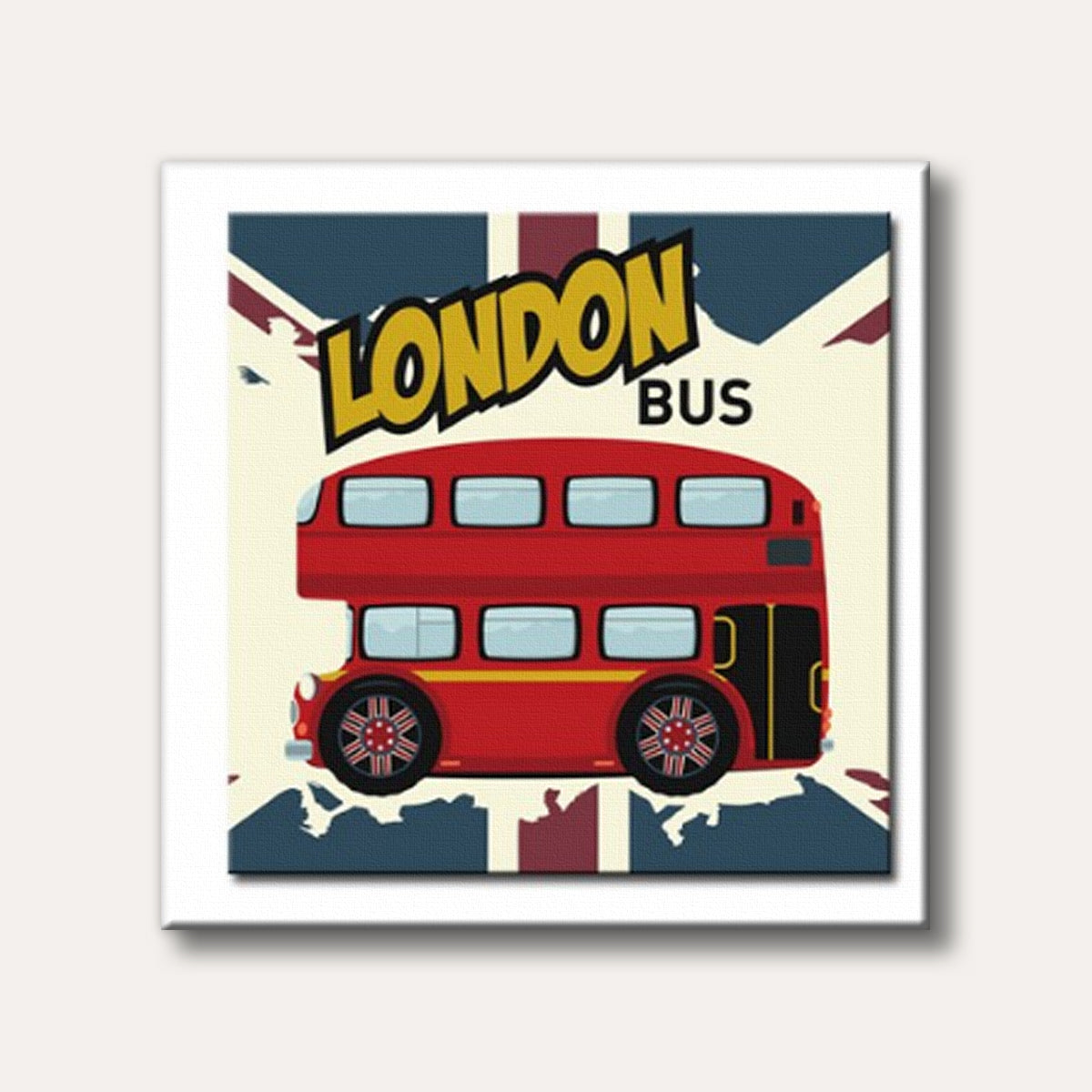 A cartoon-style red double-decker London bus with oversized wheels is depicted against a distressed Union Jack flag background, featuring "LONDON BUS" in a yellow comic book font.