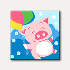 A charming cartoon illustration of a pink pig happily floating with colourful balloons against a blue sky, depicted in a cheerful and simple style.