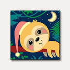 A charming cartoon sloth wearing a pink sleeping cap, hanging from a branch in a dark jungle at night with a crescent moon and stars, depicted in a flat, whimsical style.