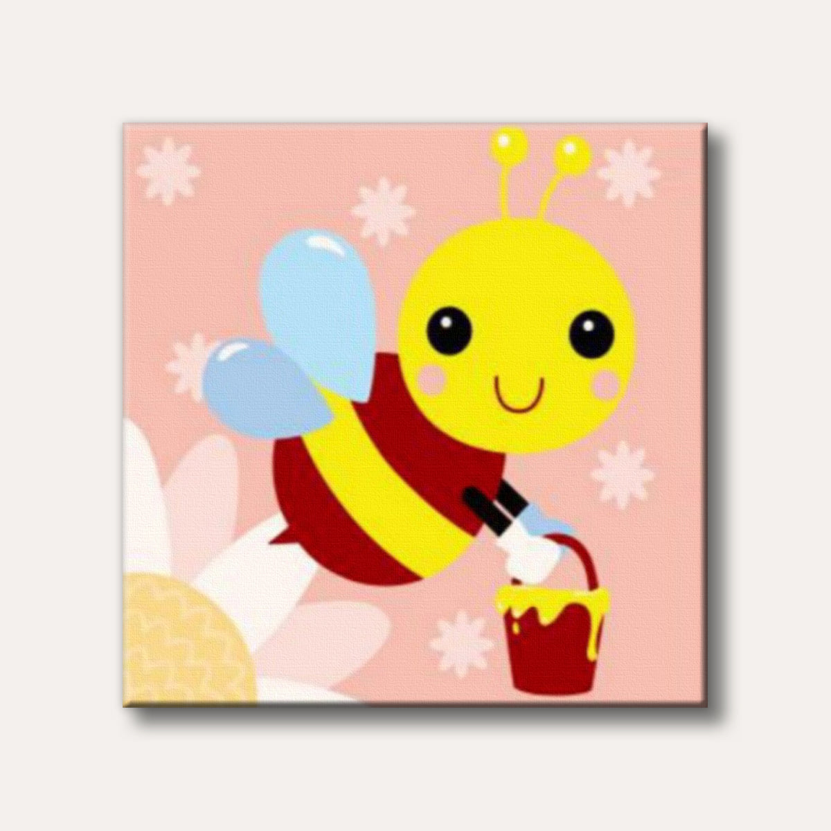 A cheerful cartoon bee, yellow and red-striped with light blue wings, holds a bucket of golden honey while flying against a soft pink background with white floral shapes.