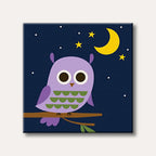 A charming purple owl with large eyes perched on a branch under a dark blue starry night sky with a crescent moon, depicted in a simple, whimsical cartoon style.