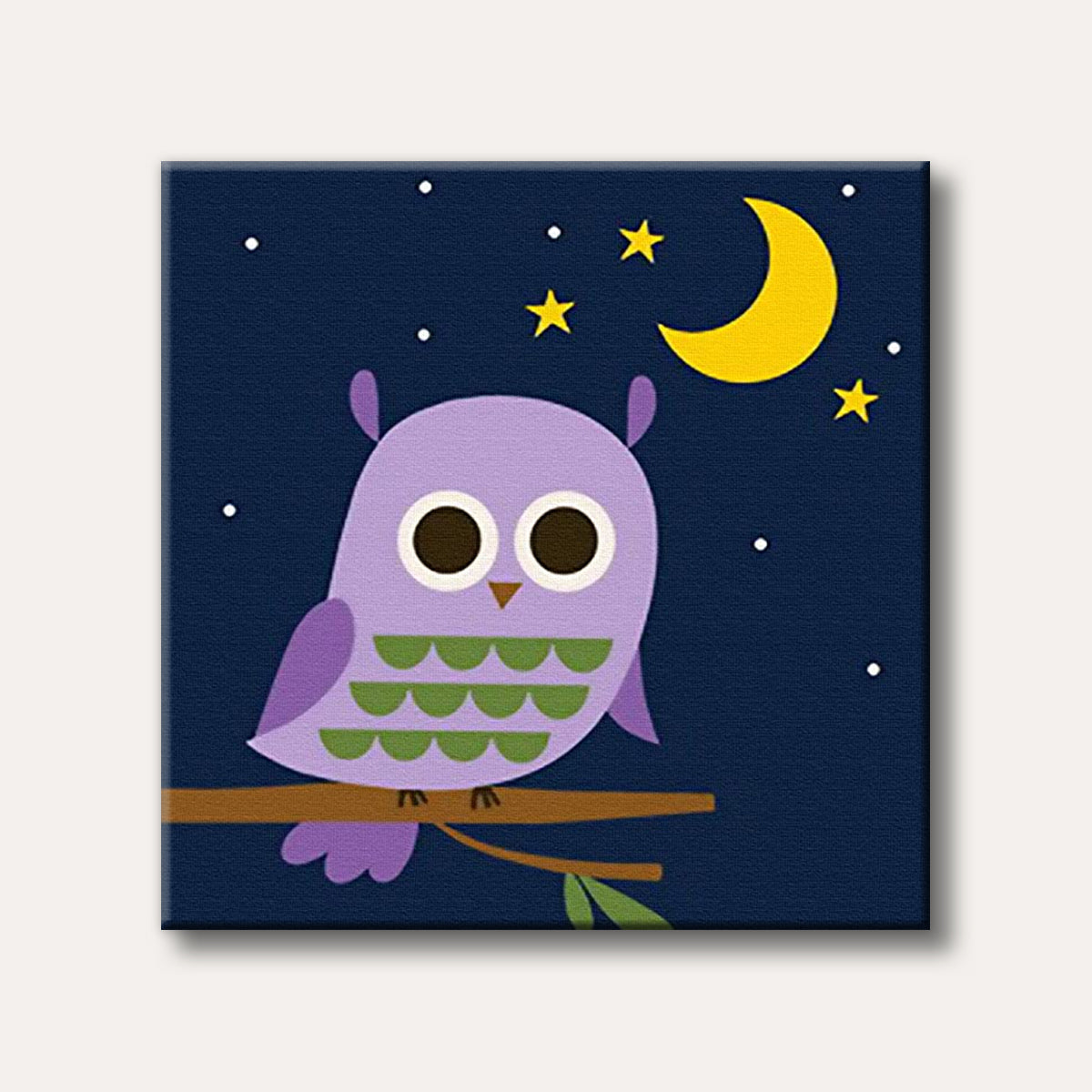 A charming purple owl with large eyes perched on a branch under a dark blue starry night sky with a crescent moon, depicted in a simple, whimsical cartoon style.