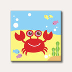 A vibrant red cartoon crab with large eyes and a smile sits on a yellow seabed under light blue water with bubbles and small colourful fish, rendered in a simple, cheerful style.