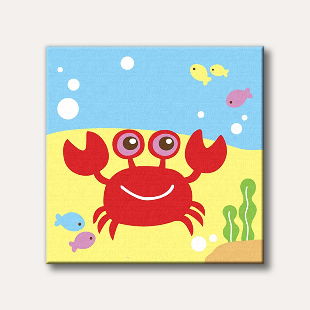 A vibrant red cartoon crab with large eyes and a smile sits on a yellow seabed under light blue water with bubbles and small colourful fish, rendered in a simple, cheerful style.
