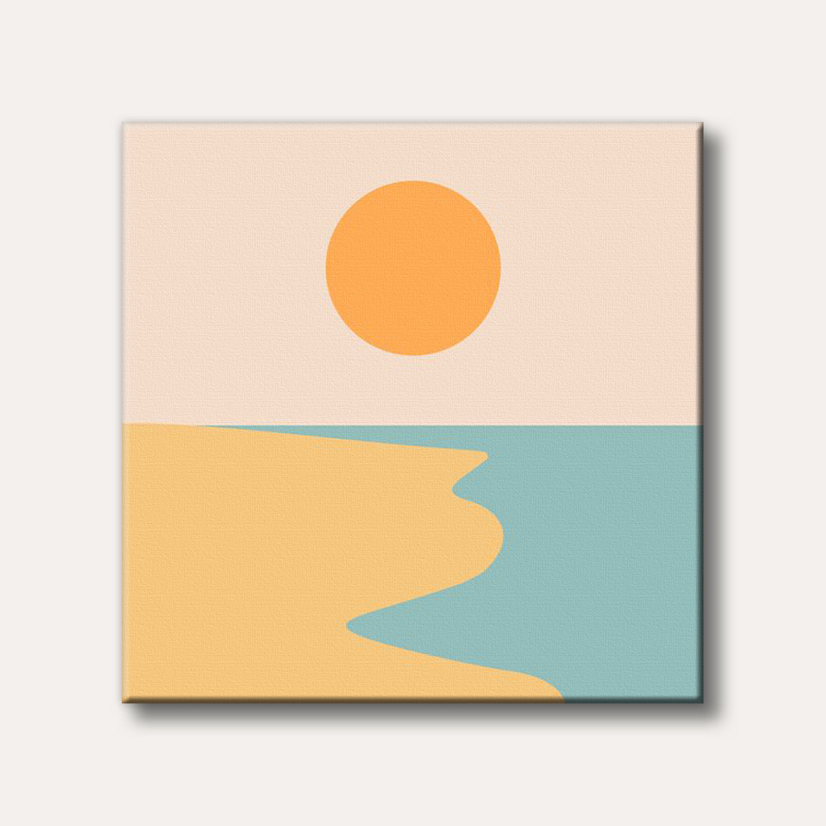 A minimalist abstract depiction of a beach scene with a large orange sun over a light blue ocean and a sandy shore, rendered in flat, soft colours.