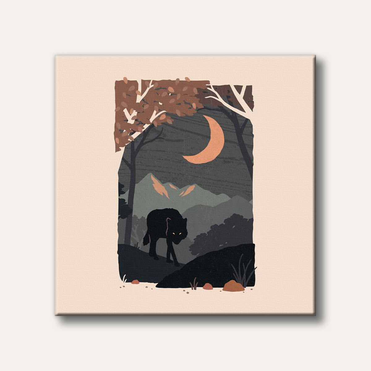 A stylized illustration of a black wolf with glowing eyes walking through a dark, moonlit forest landscape with mountains in the background, featuring a crescent moon.