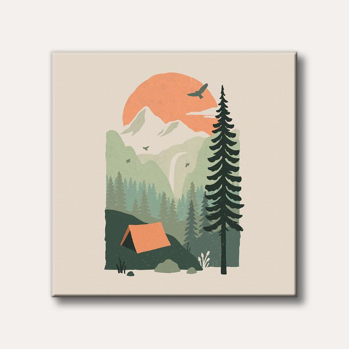 A minimalist illustration of a mountain landscape with a tent, tall pine tree, and an orange sun setting behind the peaks, evoking a peaceful outdoor adventure.