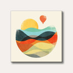 An abstract illustration featuring layered, colourful rolling hills with a large yellow sun and a small orange hot air balloon, rendered in a modern, textured style.