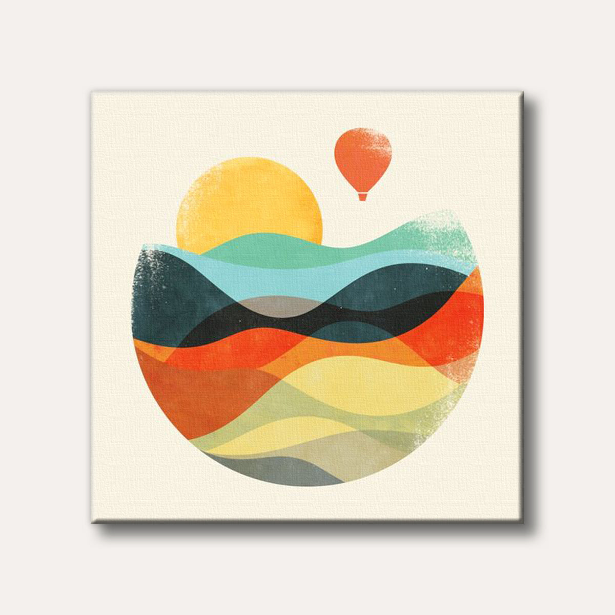 An abstract illustration featuring layered, colourful rolling hills with a large yellow sun and a small orange hot air balloon, rendered in a modern, textured style.