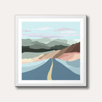 An abstract minimalist landscape painting depicting a blue road leading towards layered, pastel-coloured mountains under a light blue sky.